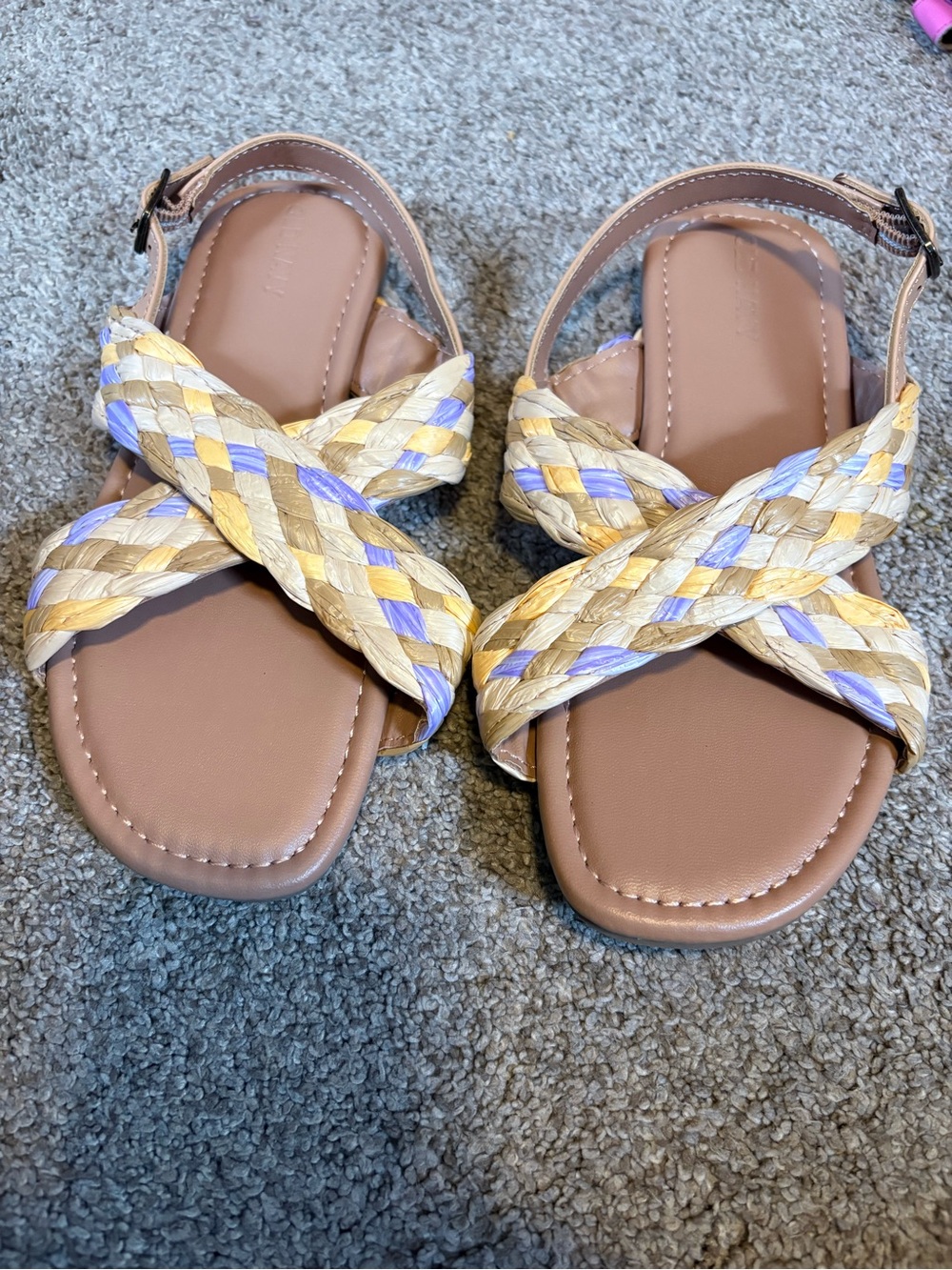 Old Navy Tan Sandals with Yellow and Lavender Braided Straps